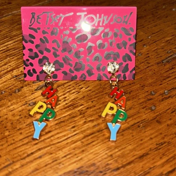 NWT Betsey Johnson Multicolor “Happy” Dangle Studded Earrings - Picture 4 of 6